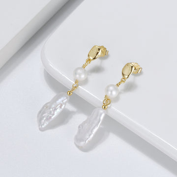 925 Sterling Silver Earrings with Pearl - Gold Plated