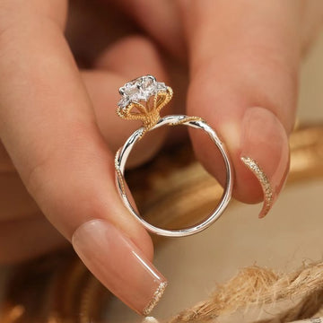 Genuine 925 silver ring with silver-colored moissanite stone and gold plating