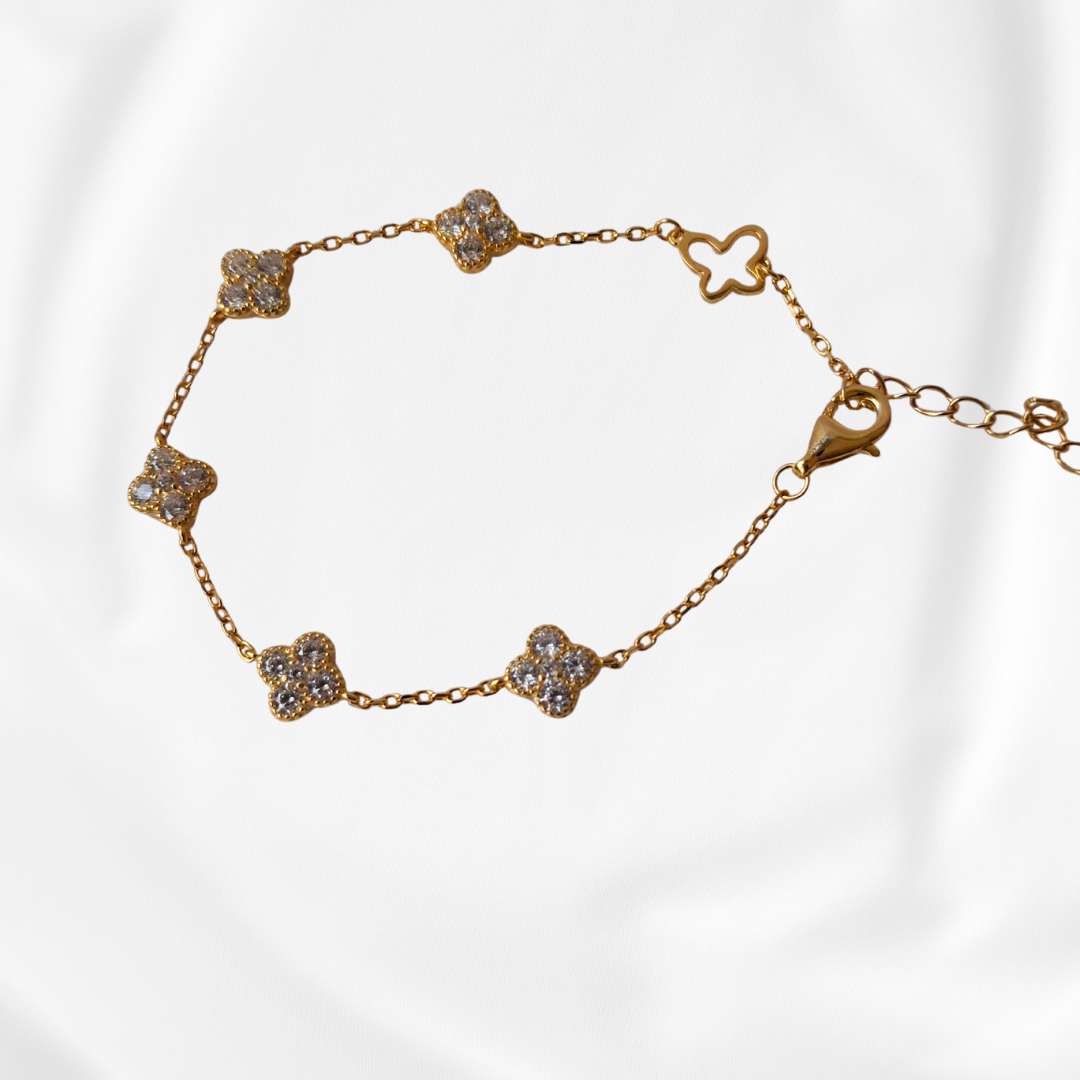 צמיד תלתן מכסף אמיתי 925 בציפוי זהב משובצת זירקונים