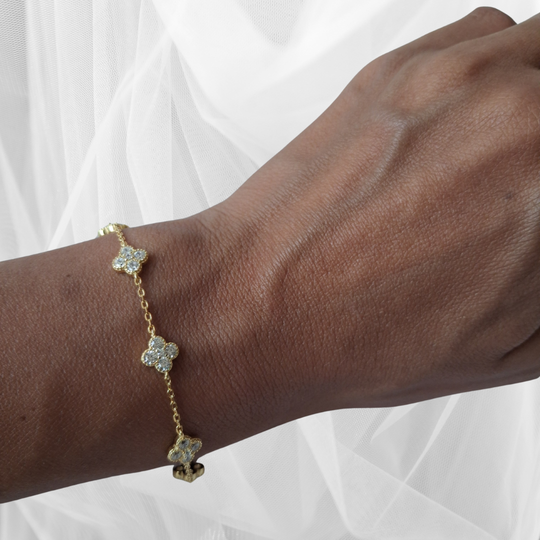 צמיד תלתן מכסף אמיתי 925 בציפוי זהב משובצת זירקונים