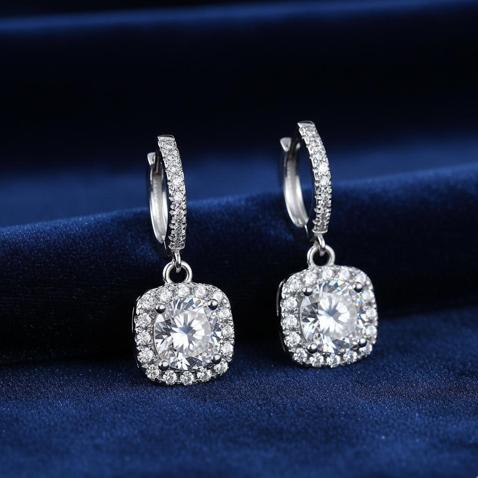 Royal Crown Halo Moissanite Earrings – 925 Sterling Silver