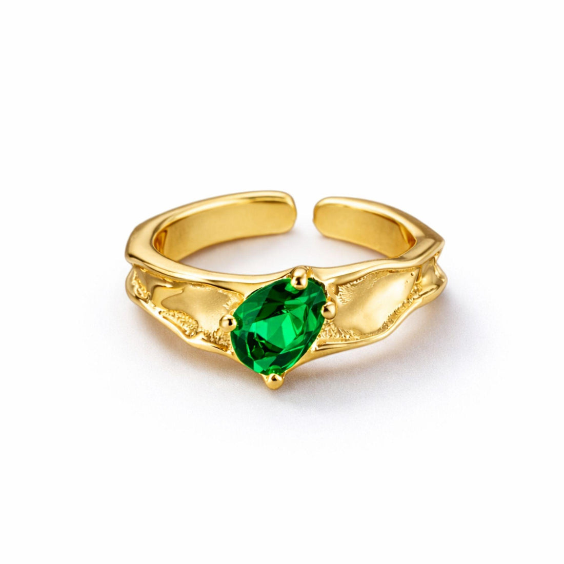 Adjustable gold plated ring with green pear cut stone