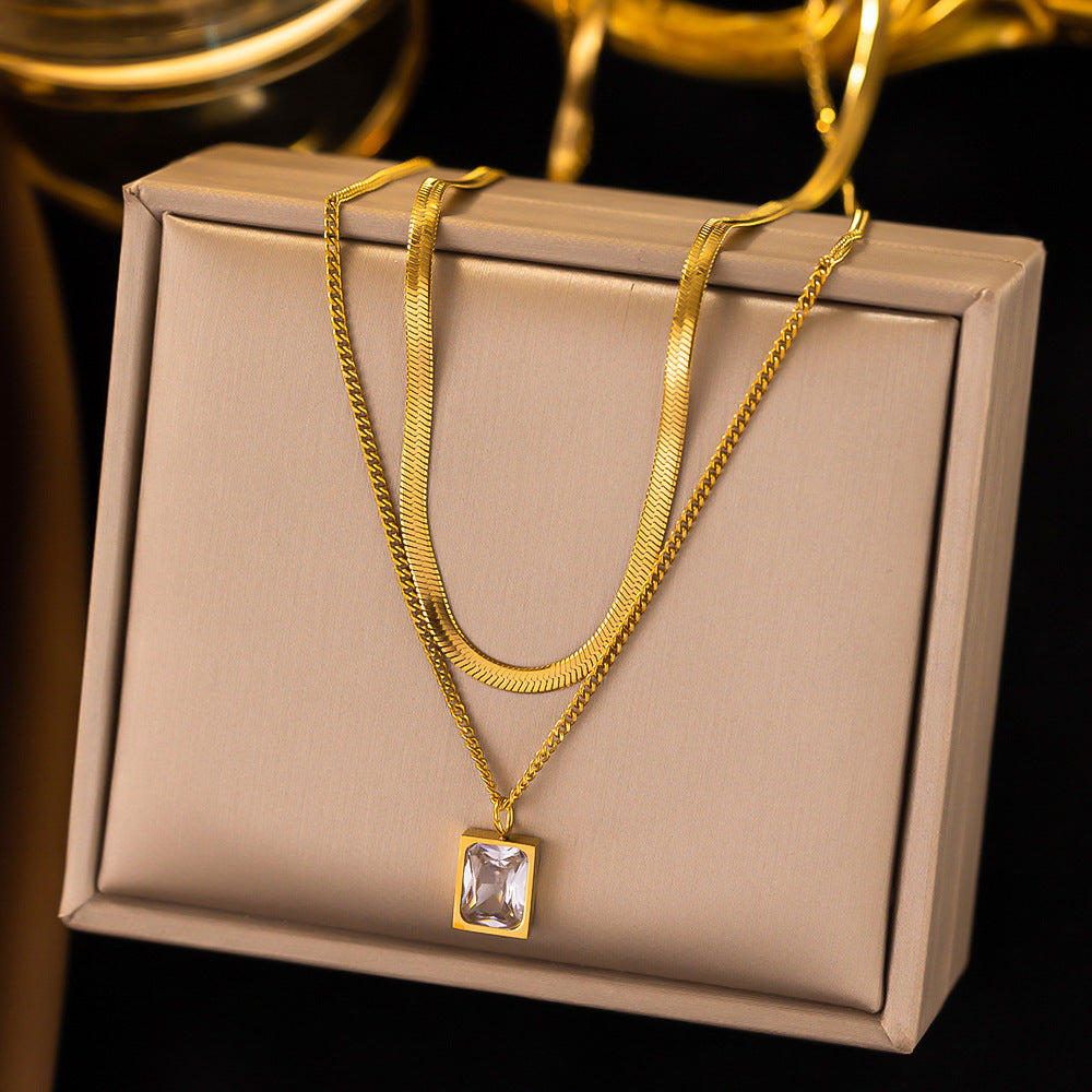 Gold zircon pendant necklace 18k gold plated stainless steel high polish