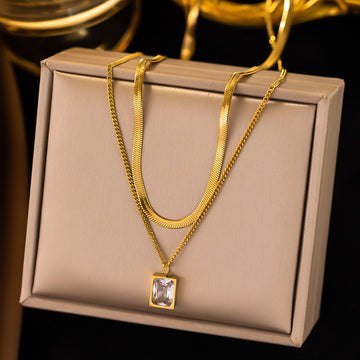 Gold zircon pendant necklace 18k gold plated stainless steel high polish