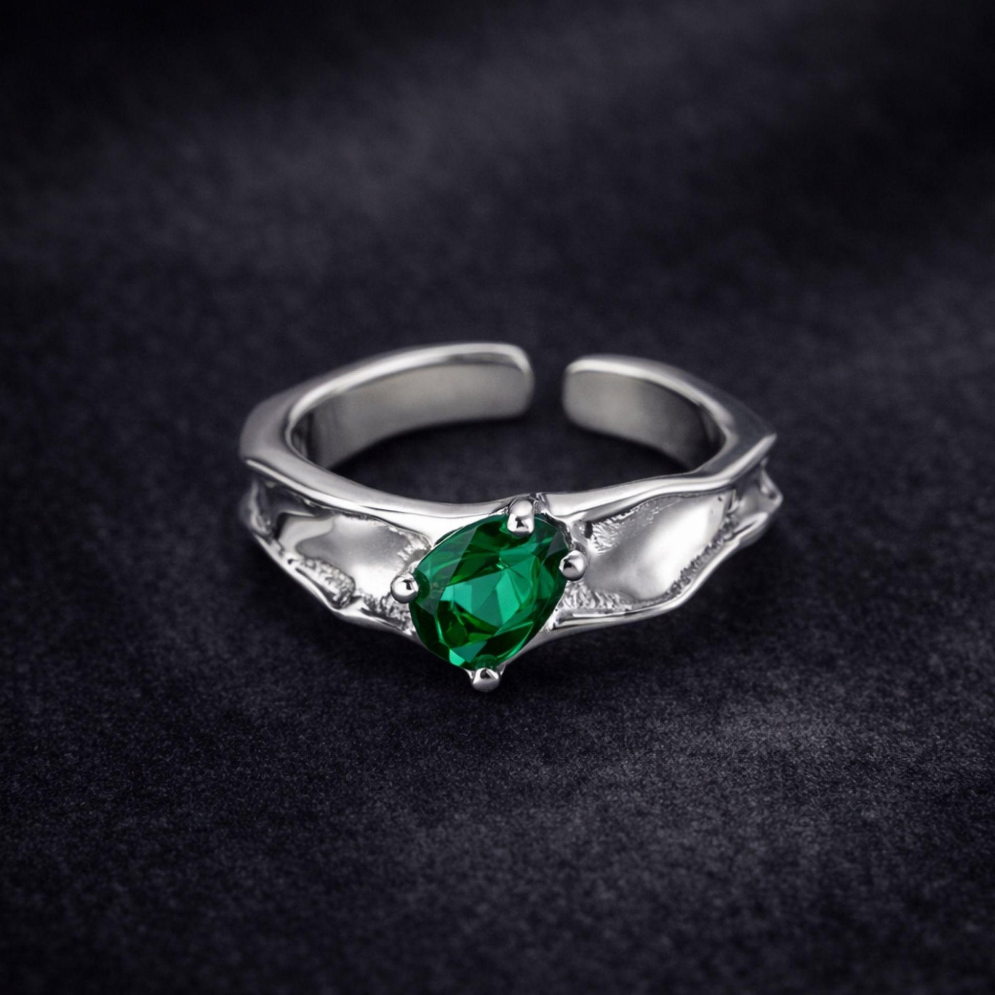 Minimalist silver ring green pear cut stone