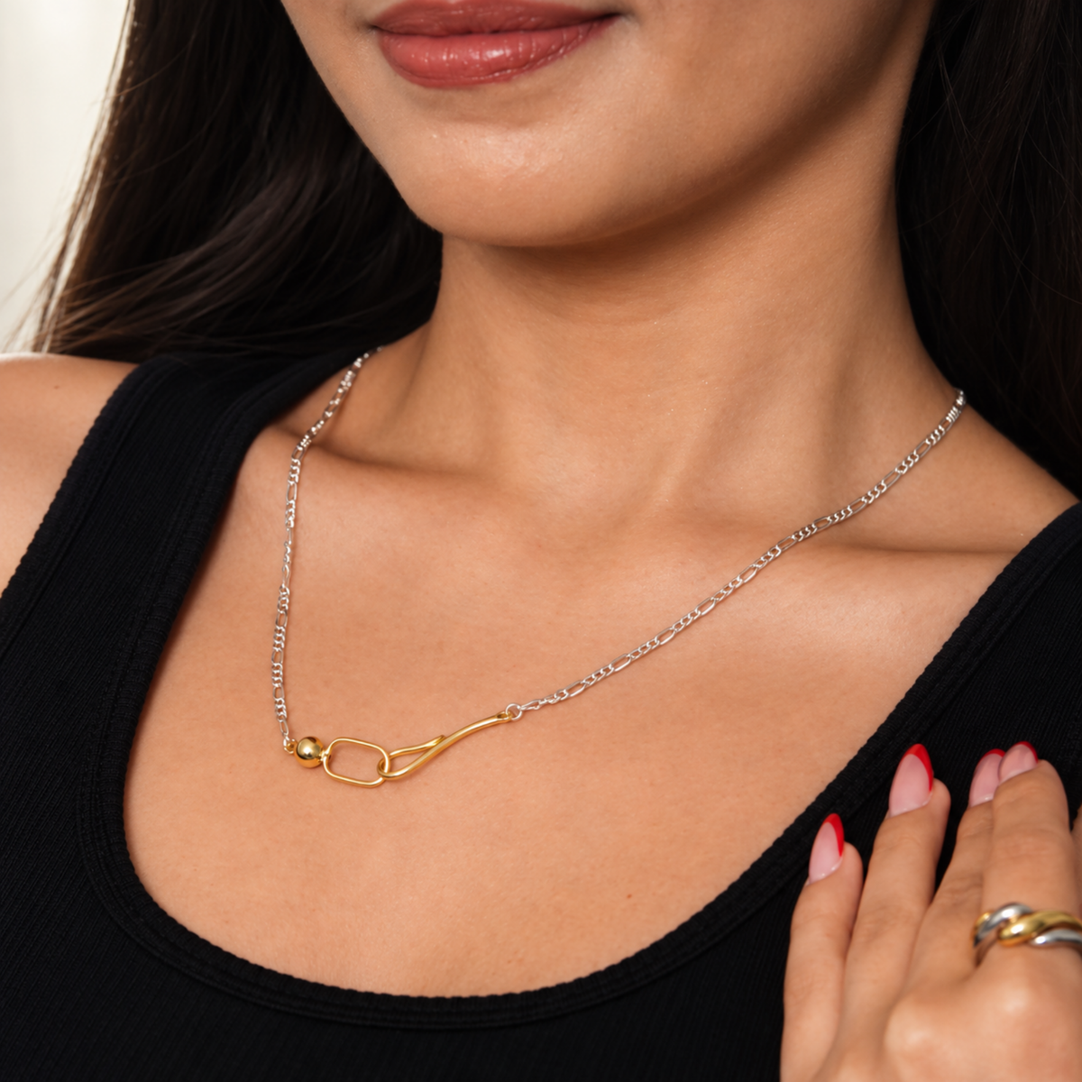 Aurelia Sterling Silver link necklace with gold front detail worn on model