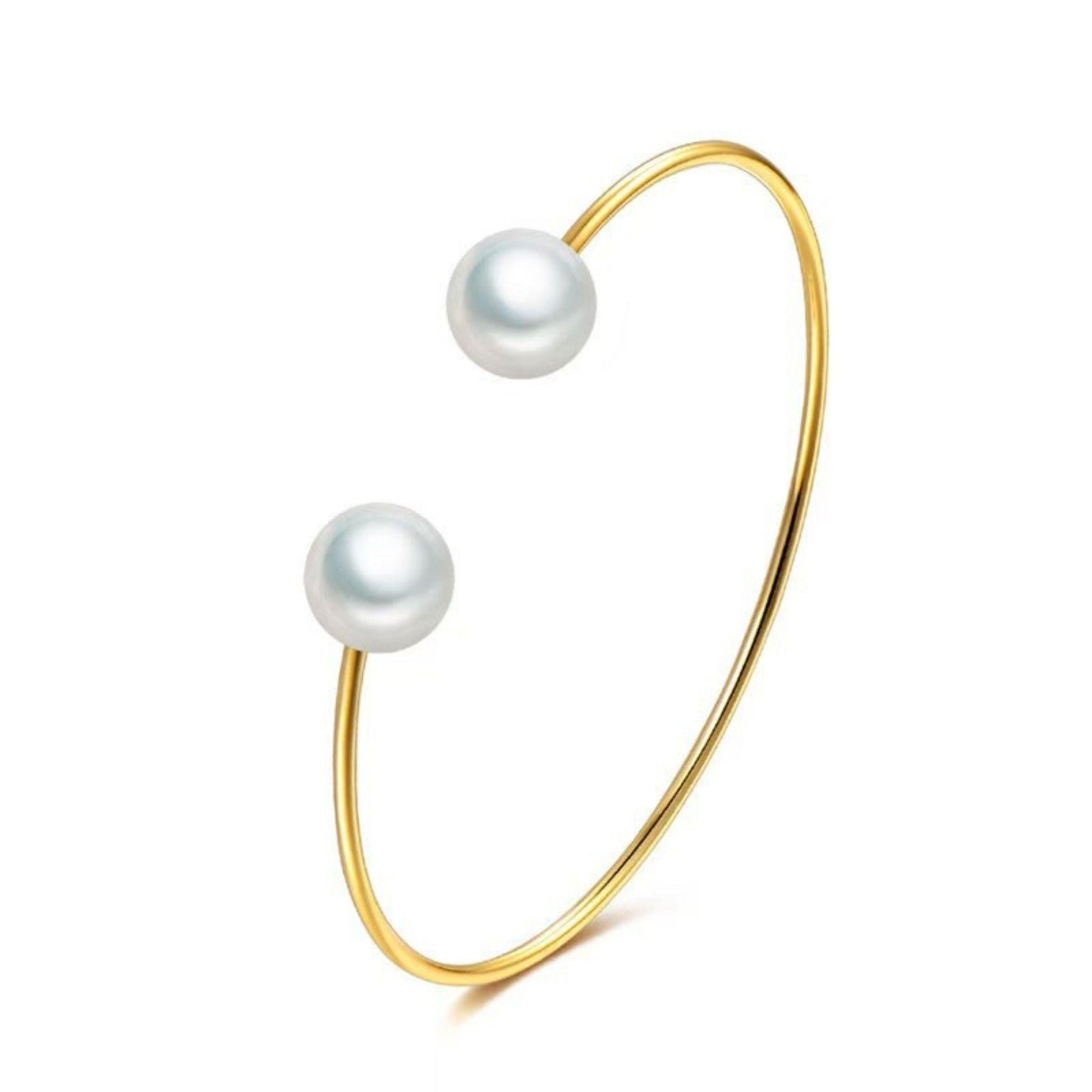 Elara gold stainless steel open cuff bracelet with two white pearls