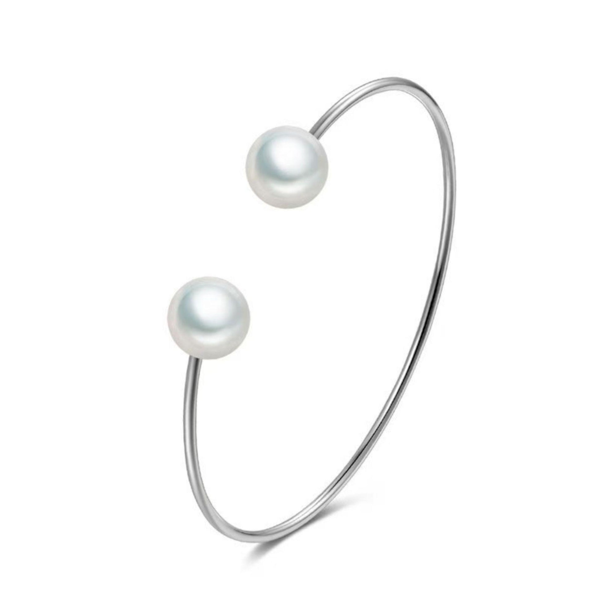 Elara silver stainless steel open cuff bracelet with two white pearls