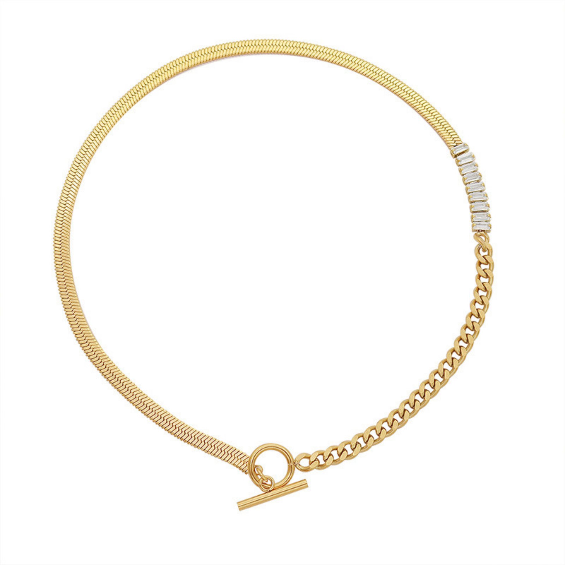 Muse mixed chain gold necklace with toggle clasp and baguette zircon detail.