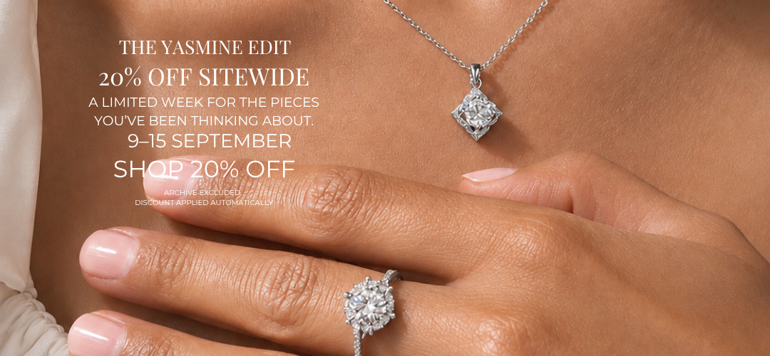 Yasmine Jewellery 20% off sitewide September campaign featuring silver moissanite necklace and ring, Archive excluded
