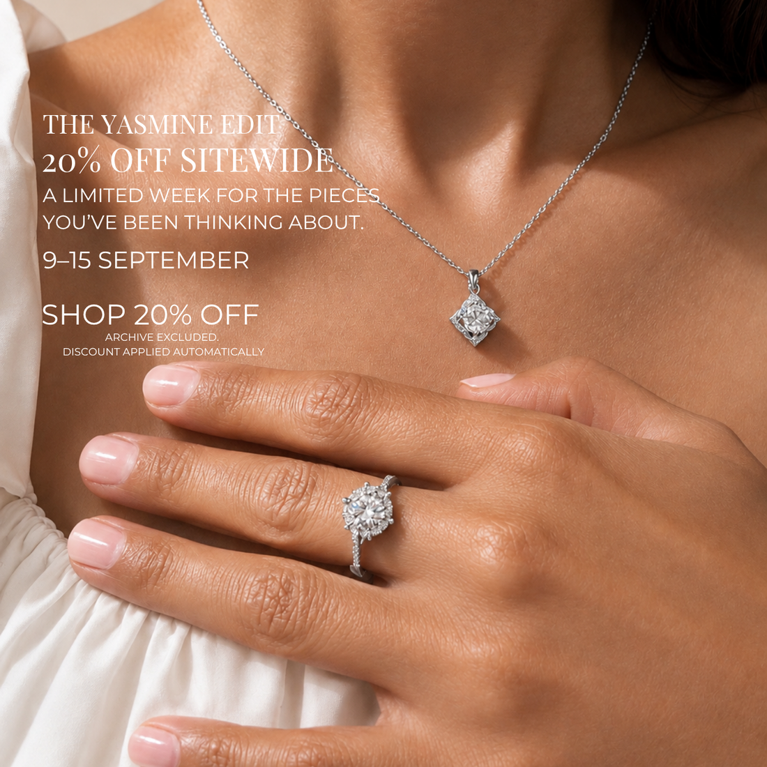 Yasmine Jewellery 20% off sitewide September campaign featuring silver moissanite necklace and ring, Archive excluded