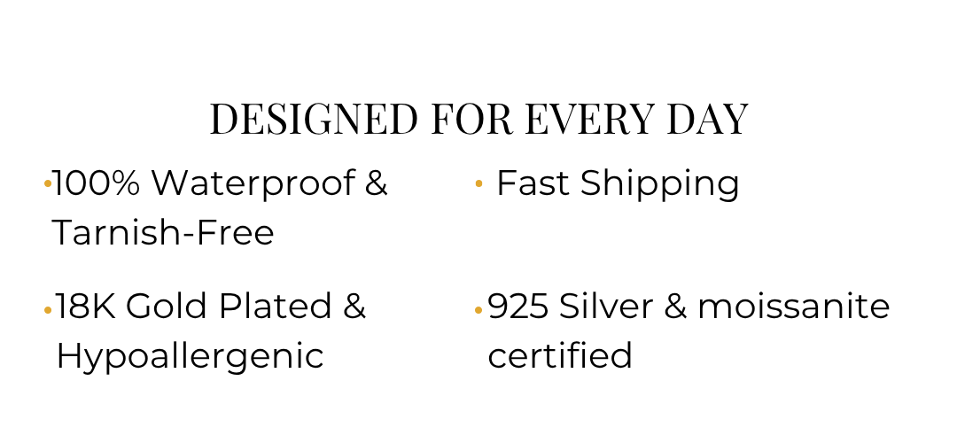 Yasmine Jewellery Designed For Every Day mobile features banner including 100% Waterproof, 18K Gold Plated, Hypoallergenic, 925 Silver, Moissanite Certified and Fast Shipping