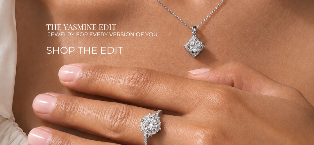 Yasmine Jewellery moissanite necklace and ring styled on model
