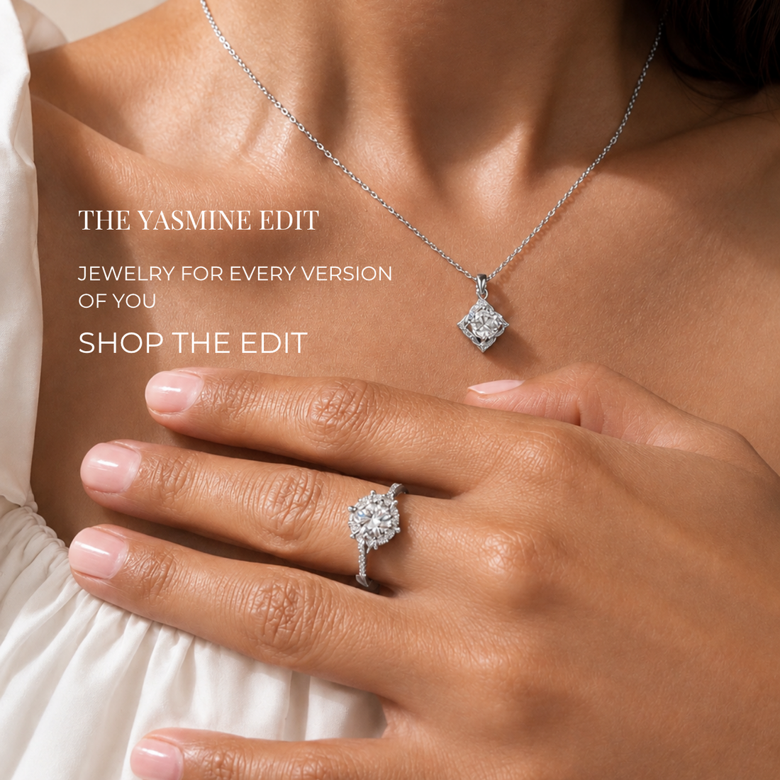 Moissanite necklace and ring by Yasmine Jewellery styled on model