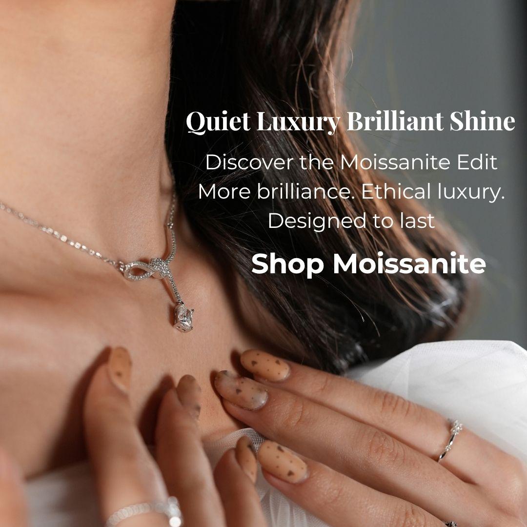 Close up of a sparkling Moissanite gemstone necklace - YASMINE Quiet Luxury Jewelry⁠