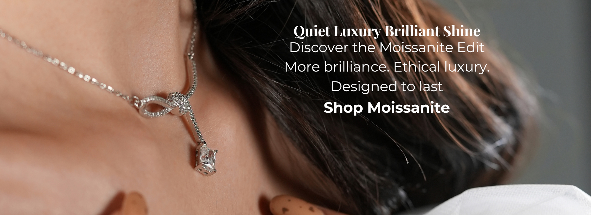 Luxury Moissanite necklace on a woman with white silk background - YASMINE Moissanite Edit⁠