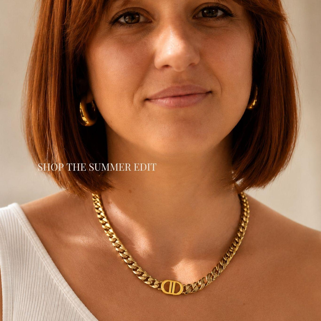 Minimalist everyday gold jewelry layering on a white shirt - YASMINE Summer Essentials⁠