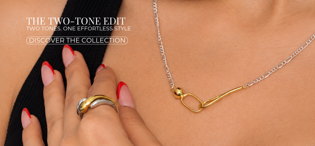 Yasmine The Two-Tone Edit collection featuring a model wearing a mixed gold and silver necklace and statement ring