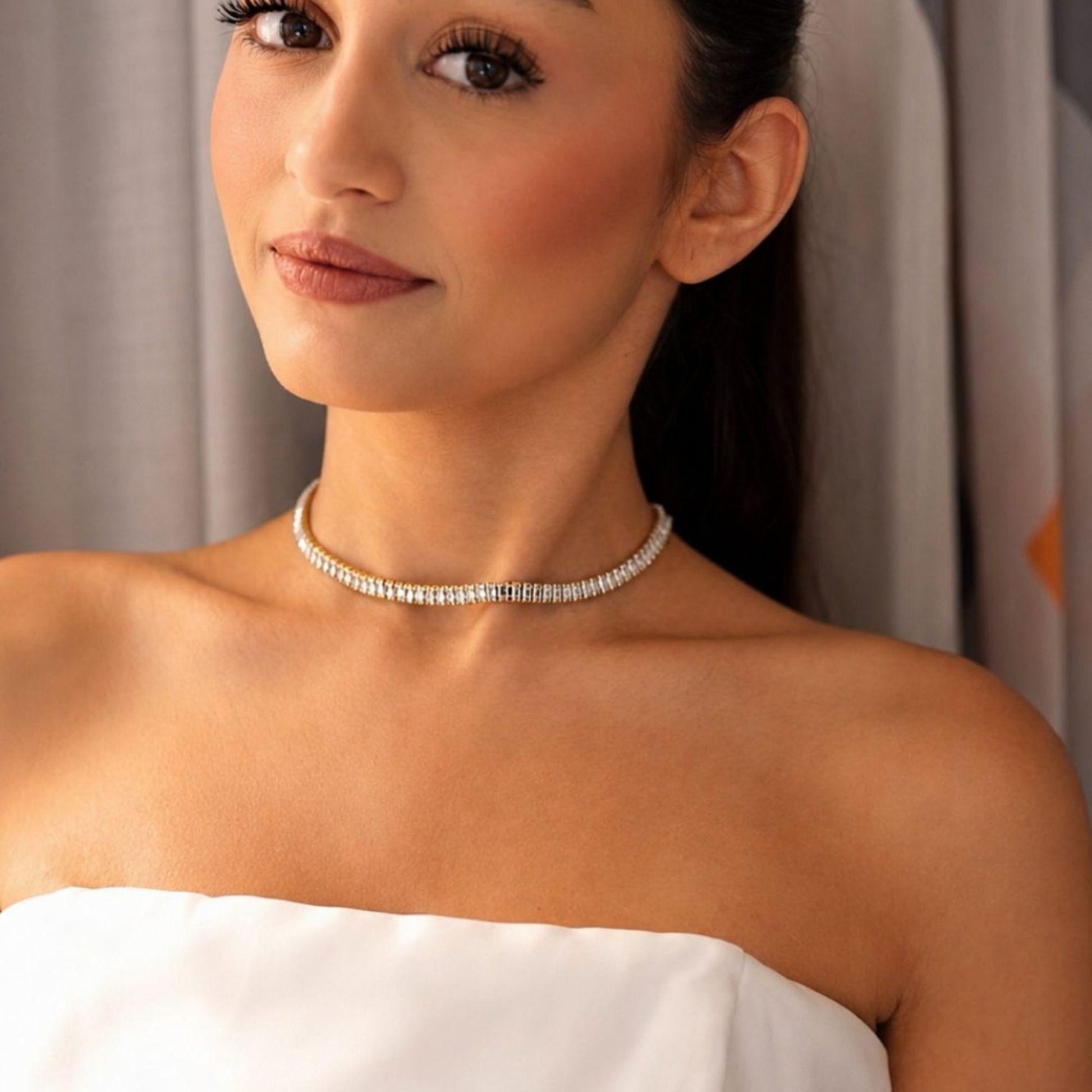 Gold tennis choker with zircon stones